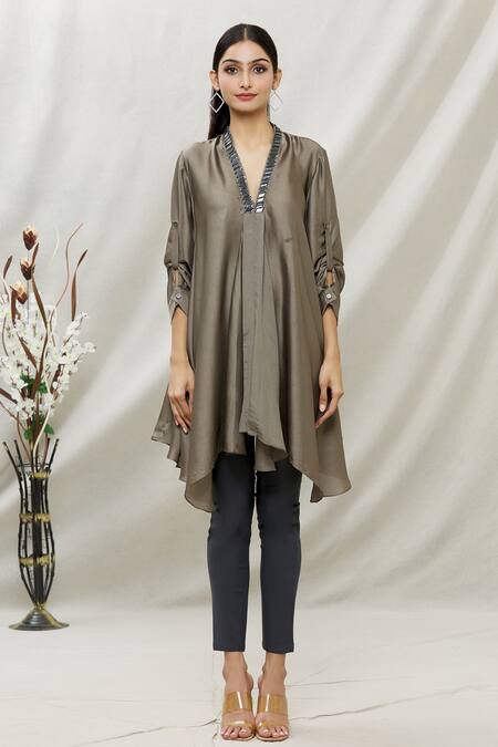 Shop_Kommal Sood_Grey Satin Embellished Stone V Neck Asymmetric Tunic  _Online_at_Aza_Fashions