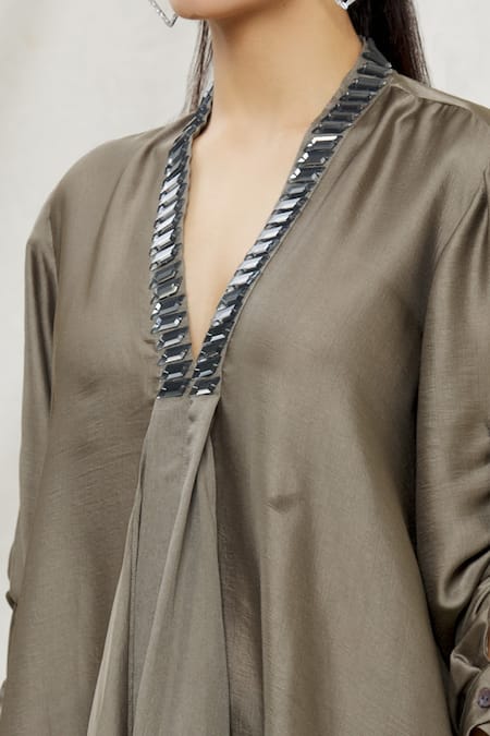Kommal Sood_Grey Satin Embellished Stone V Neck Asymmetric Tunic  _at_Aza_Fashions