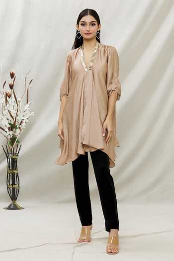 Buy Kommal Sood Beige Satin Embellished Stone V Neck Asymmetric Tunic Online at Aza Fashions Buy_Kommal Sood_Beige Satin Embellished Stone V Neck Asymmetric Tunic _Online_at_Aza_Fashions