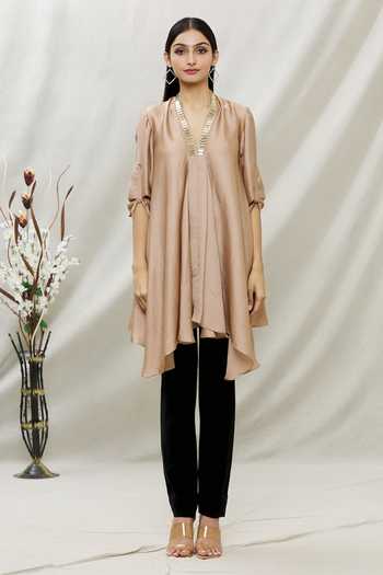 Shop Kommal Sood Beige Satin Embellished Stone V Neck Asymmetric Tunic Online at Aza Fashions Shop_Kommal Sood_Beige Satin Embellished Stone V Neck Asymmetric Tunic _Online_at_Aza_Fashions