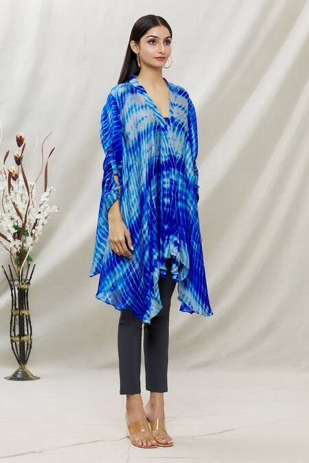 Kommal Sood Blue Satin Tie And Dye V Neck Asymmetric Tunic Online at Aza Fashions Kommal Sood_Blue Satin Tie And Dye V Neck Asymmetric Tunic _Online_at_Aza_Fashions