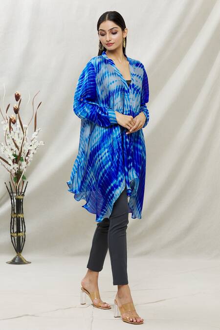Buy Kommal Sood Blue Satin Tie And Dye V Neck Asymmetric Tunic Online at Aza Fashions Buy_Kommal Sood_Blue Satin Tie And Dye V Neck Asymmetric Tunic _Online_at_Aza_Fashions