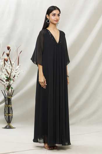 Kommal Sood_Black Georgette Embellished Stone V Neck Neckline Tunic  _Online_at_Aza_Fashions