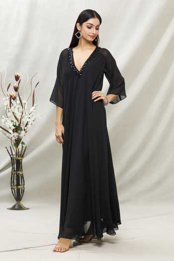 Buy_Kommal Sood_Black Georgette Embellished Stone V Neck Neckline Tunic  _Online_at_Aza_Fashions