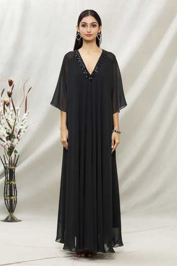 Shop_Kommal Sood_Black Georgette Embellished Stone V Neck Neckline Tunic  _Online_at_Aza_Fashions