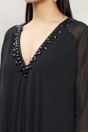 Kommal Sood_Black Georgette Embellished Stone V Neck Neckline Tunic  _at_Aza_Fashions