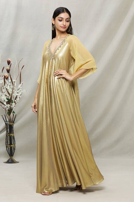 Buy_Kommal Sood_Gold Georgette Embellished Stone And Sequin V Neck Tunic  _Online_at_Aza_Fashions