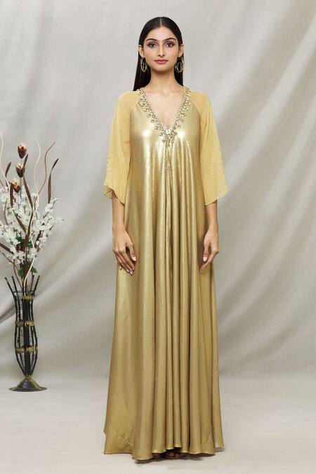 Shop_Kommal Sood_Gold Georgette Embellished Stone And Sequin V Neck Tunic  _Online_at_Aza_Fashions