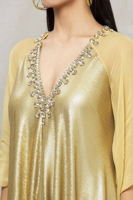 Kommal Sood_Gold Georgette Embellished Stone And Sequin V Neck Tunic  _at_Aza_Fashions