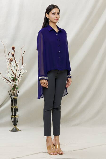 Kommal Sood_Blue Georgette Embellished Stone Spread Collar High Low Hem Tunic  _Online_at_Aza_Fashions