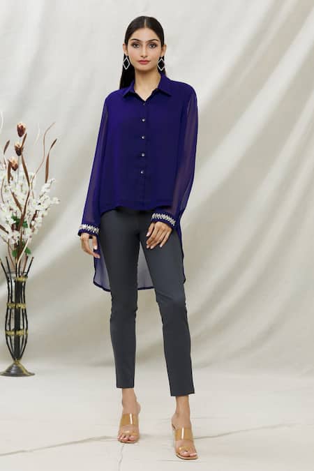 Buy_Kommal Sood_Blue Georgette Embellished Stone Spread Collar High Low Hem Tunic  _Online_at_Aza_Fashions