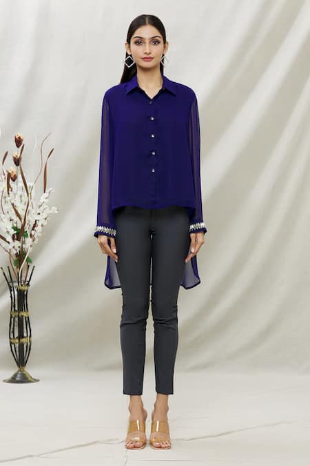 Shop_Kommal Sood_Blue Georgette Embellished Stone Spread Collar High Low Hem Tunic  _Online_at_Aza_Fashions