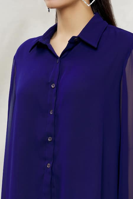 Kommal Sood_Blue Georgette Embellished Stone Spread Collar High Low Hem Tunic  _at_Aza_Fashions