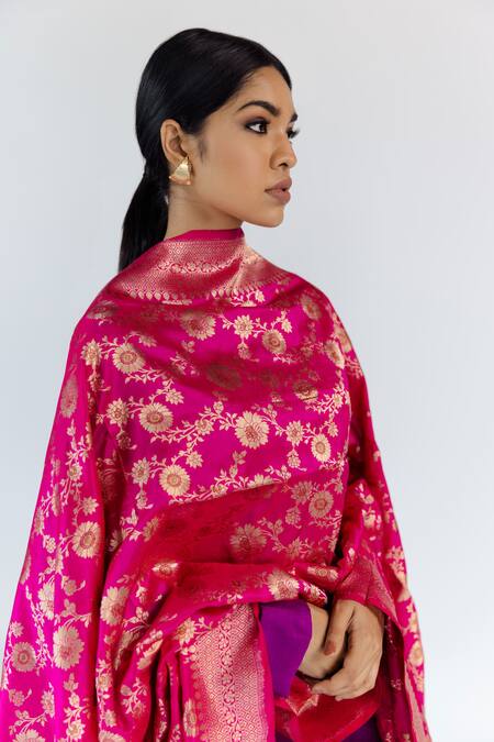Shop_Mimamsaa_Pink Kinjal Pure Banarasi Silk Dupatta_Online_at_Aza_Fashions
