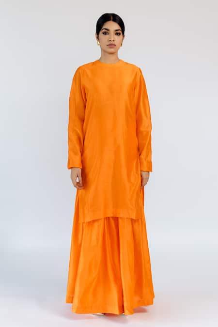 Mimamsaa Orange Chanderi Silk Plain Round Pitambara Kurta And Pant Set