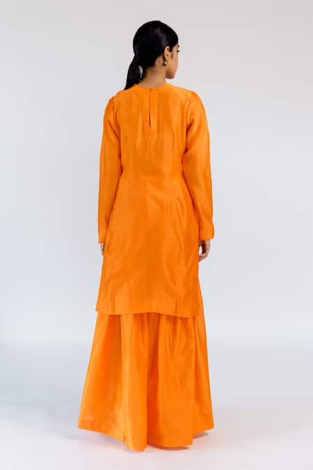 Shop Mimamsaa Orange Chanderi Silk Plain Round Pitambara Kurta And Pant Set at Aza Fashions Shop_Mimamsaa_Orange Chanderi Silk Plain Round Pitambara Kurta And Pant Set _at_Aza_Fashions