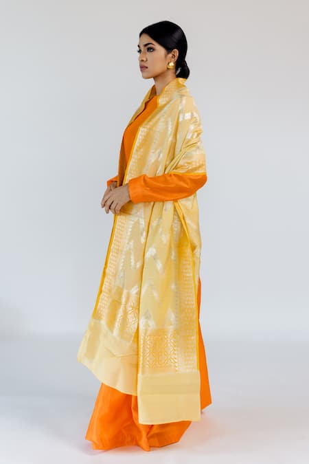 Buy_Mimamsaa_Yellow Pure Banarasi Silk Chevron, Floral Pitambara Dupatta_Online_at_Aza_Fashions