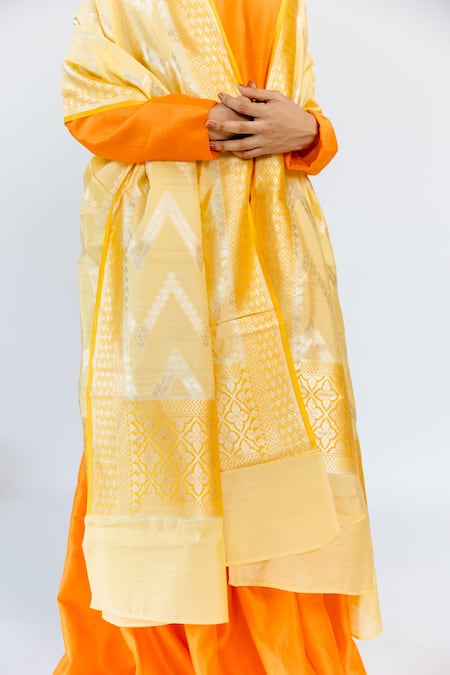 Shop_Mimamsaa_Yellow Pure Banarasi Silk Chevron, Floral Pitambara Dupatta_Online_at_Aza_Fashions
