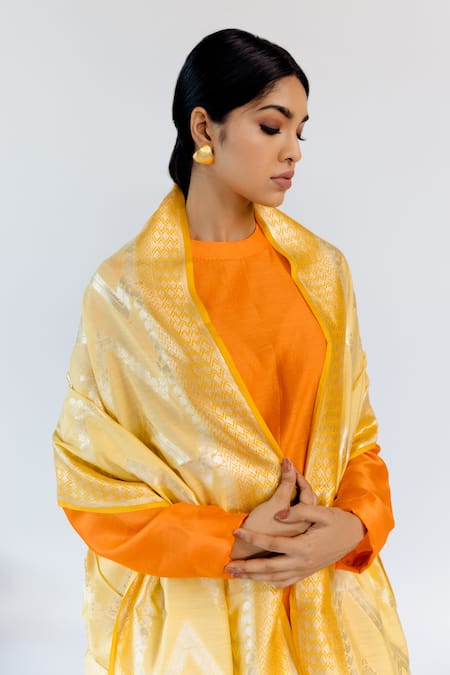 Mimamsaa_Yellow Pure Banarasi Silk Chevron, Floral Pitambara Dupatta_at_Aza_Fashions