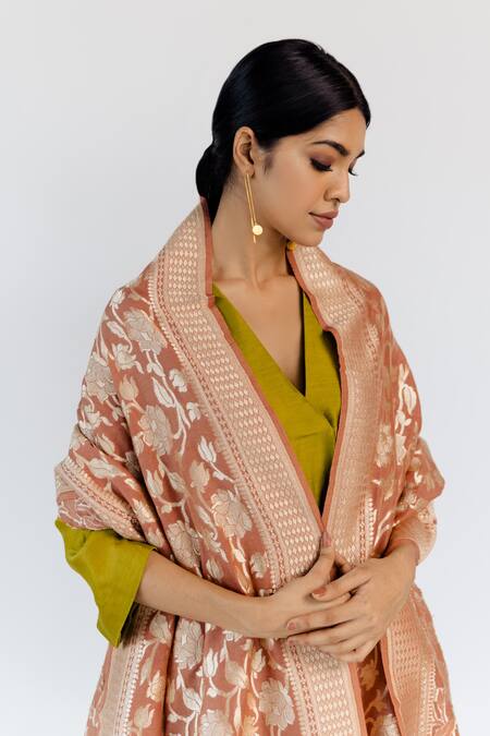 Shop_Mimamsaa_Peach Pure Banarasi Silk Floral Kiran Dupatta_Online_at_Aza_Fashions