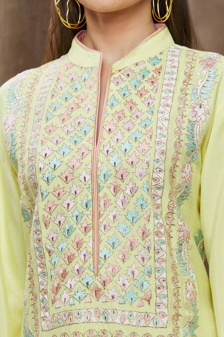 Shop_Aiman_Yellow Chanderi Thread Band Embroidered Kurta Set_Online_at_Aza_Fashions