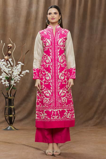 Aiman_Beige Chanderi Applique Band Kurta And Pant Set_Online_at_Aza_Fashions