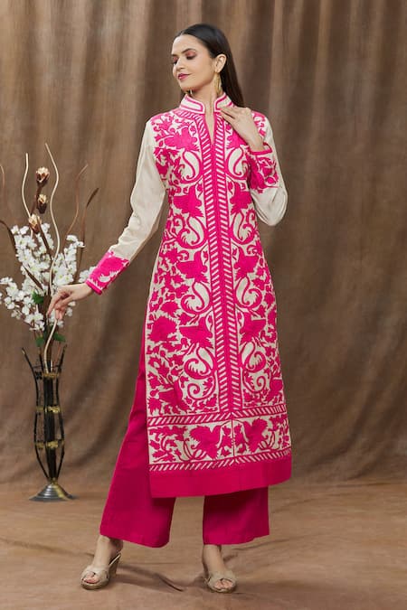 Buy_Aiman_Beige Chanderi Applique Band Kurta And Pant Set_Online_at_Aza_Fashions