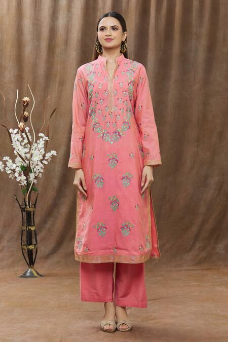 Aiman Pink Chanderi Thread Band Kurta Pant Set Online at Aza Fashions Aiman_Pink Chanderi Thread Band Kurta Pant Set_Online_at_Aza_Fashions