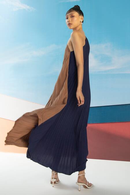 Pleats By Aruni_Brown Crepe One Shoulder Colourblock Dress_Online_at_Aza_Fashions