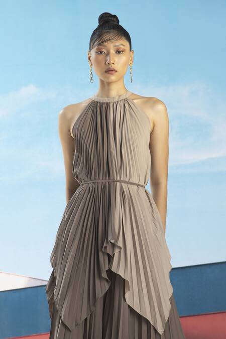 Shop_Pleats by Aruni_Brown Crepe Halter Neck Colourblock Pleated Tunic _Online_at_Aza_Fashions