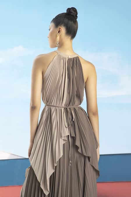 Pleats by Aruni_Brown Crepe Halter Neck Colourblock Pleated Tunic _at_Aza_Fashions