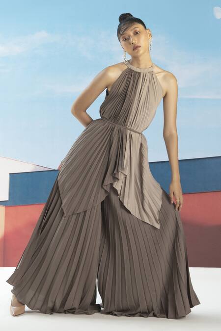 Buy_Pleats By Aruni_Brown Crepe Pleated Flared Pant_Online_at_Aza_Fashions