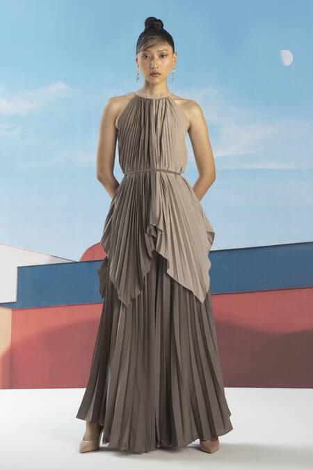 Pleats By Aruni_Brown Crepe Pleated Flared Pant_Online_at_Aza_Fashions