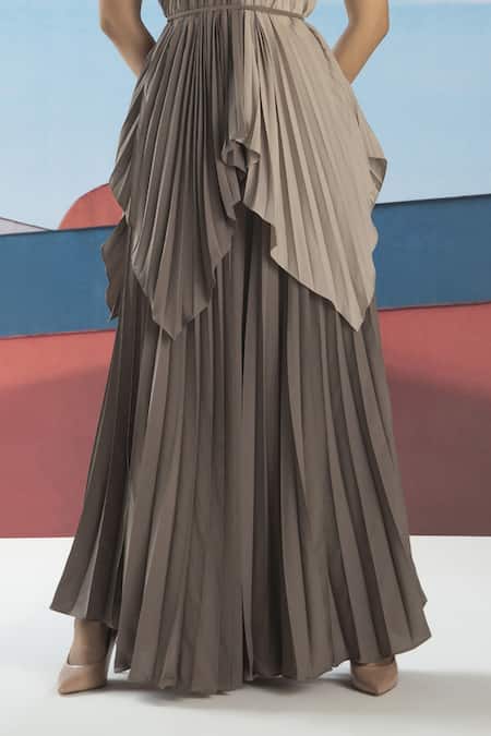 Shop_Pleats By Aruni_Brown Crepe Pleated Flared Pant_Online_at_Aza_Fashions