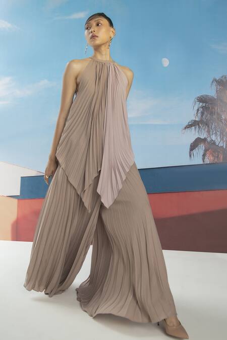 Pleats By Aruni Pink Crepe Halter Neck Colourblock Pleated Tunic Online at Aza Fashions Pleats By Aruni_Pink Crepe Halter Neck Colourblock Pleated Tunic_Online_at_Aza_Fashions