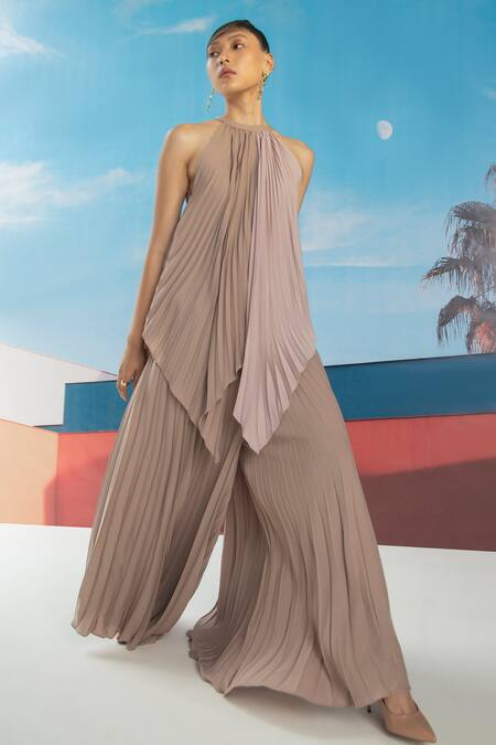 Pleats By Aruni_Pink Crepe Pleated Flared Pant_Online_at_Aza_Fashions