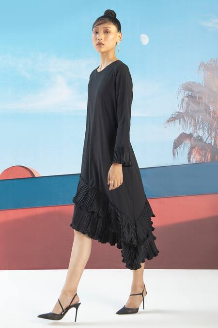 Pleats By Aruni_Black Crepe Round Asymmetric Ruffle Hem Dress_Online_at_Aza_Fashions