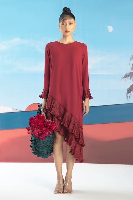 Pleats By Aruni Asymmetric Ruffle Hem Dress 