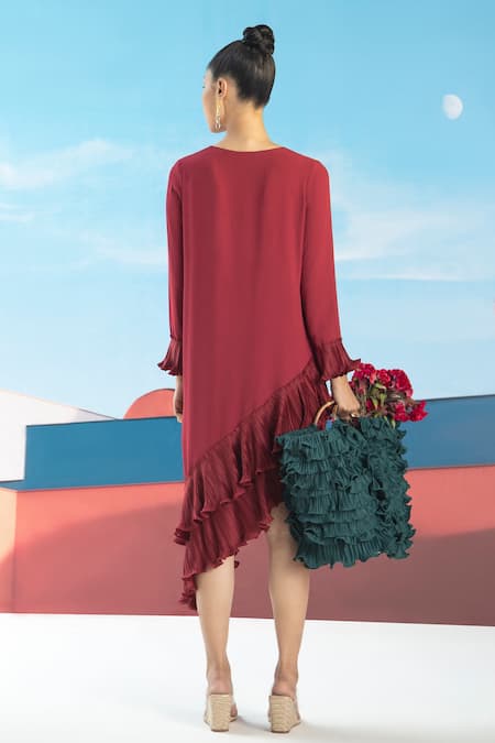 Pleats By Aruni Asymmetric Ruffle Hem Dress 