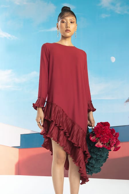 Buy_Pleats By Aruni_Maroon Crepe Round Asymmetric Ruffle Hem Dress _Online_at_Aza_Fashions