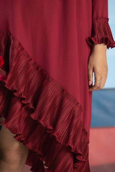 Shop_Pleats By Aruni_Maroon Crepe Round Asymmetric Ruffle Hem Dress _Online_at_Aza_Fashions
