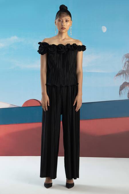 Pleats By Aruni_Black Polyester One Shoulder Off Ruffle Top_Online_at_Aza_Fashions