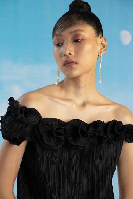 Shop_Pleats By Aruni_Black Polyester One Shoulder Off Ruffle Top_Online_at_Aza_Fashions