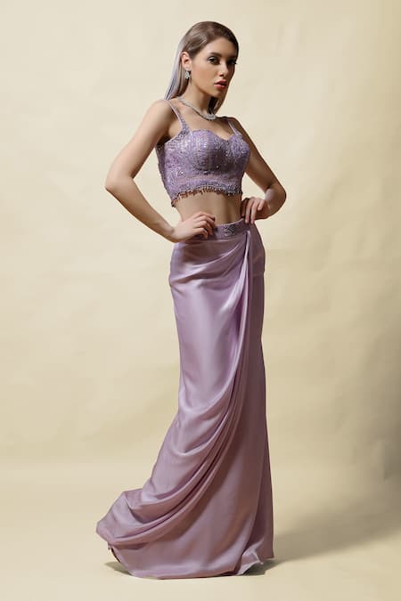 Asaga_Purple Crop Top Silk, Drape Skirt Modal Satin And Cape Organza Mohini & Set _Online_at_Aza_Fashions
