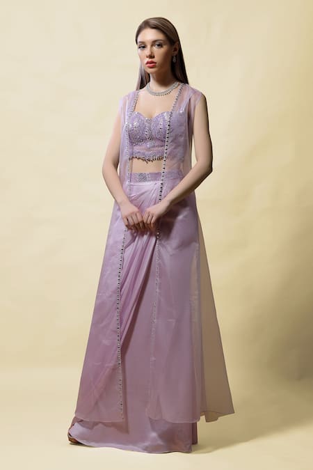 Buy_Asaga_Purple Crop Top Silk, Drape Skirt Modal Satin And Cape Organza Mohini & Set _Online_at_Aza_Fashions