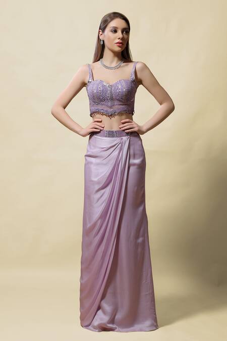 Shop_Asaga_Purple Crop Top Silk, Drape Skirt Modal Satin And Cape Organza Mohini & Set _Online_at_Aza_Fashions