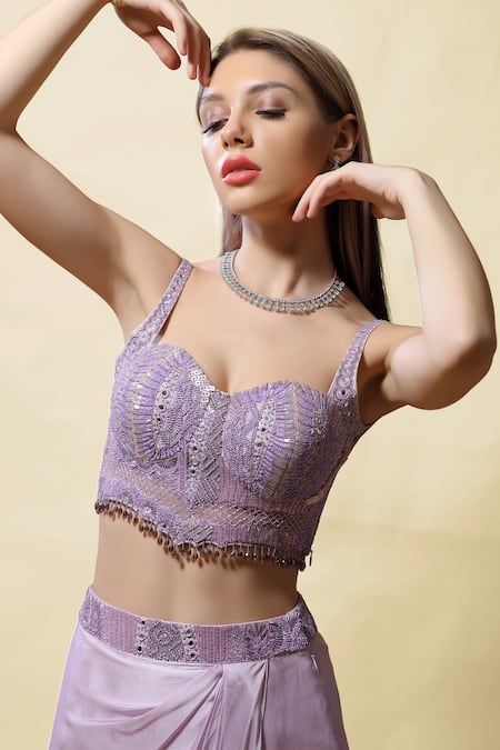 Asaga_Purple Crop Top Silk, Drape Skirt Modal Satin And Cape Organza Mohini & Set _at_Aza_Fashions