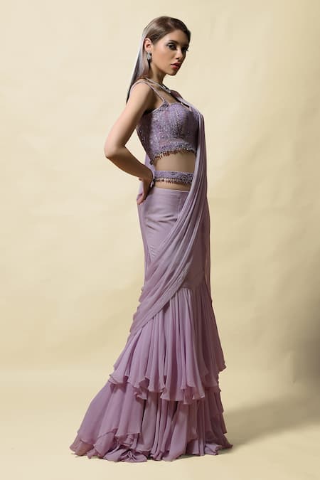 Asaga_Purple Choli Silk, Drape Skirt Radha Pre-draped Lehenga Saree With Blouse _Online_at_Aza_Fashions
