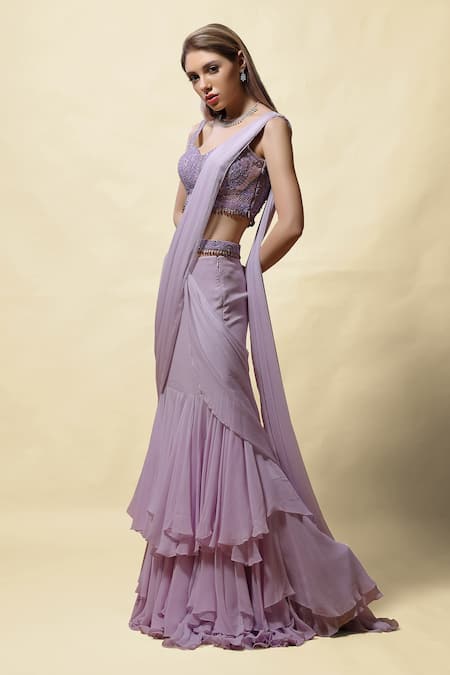 Buy_Asaga_Purple Choli Silk, Drape Skirt Radha Pre-draped Lehenga Saree With Blouse _Online_at_Aza_Fashions