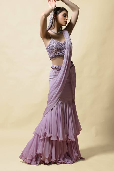 Asaga_Purple Choli Silk, Drape Skirt Rasika Pre-draped Lehenga Saree With Blouse _Online_at_Aza_Fashions